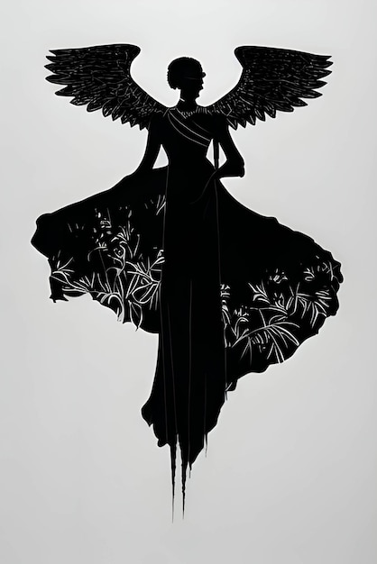 Black silhouette of a woman as angel on white background