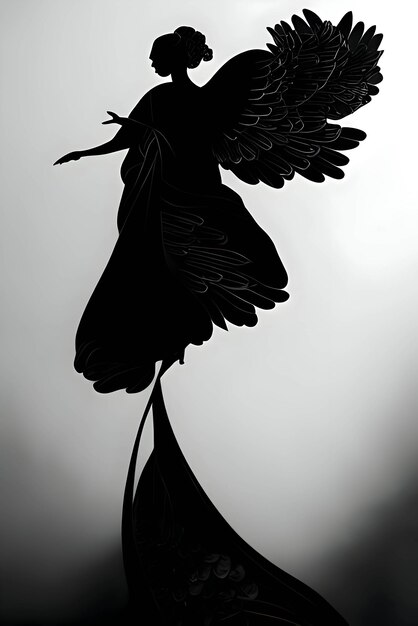 Black silhouette of a woman as angel on white background