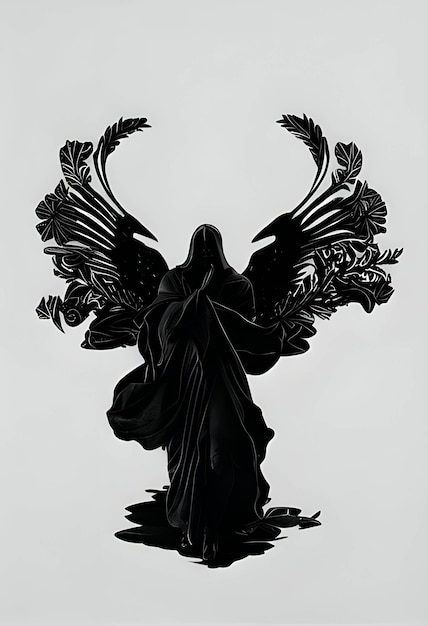 Vector black silhouette of a woman as angel on white background