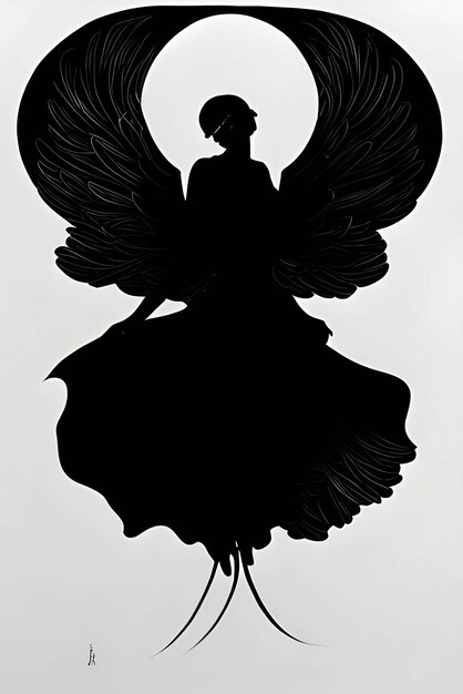 Black silhouette of a woman as angel on white background