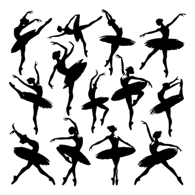 Vector black silhouettes of ballerinas on a white background