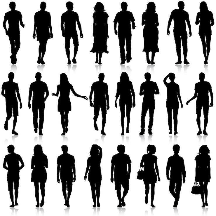Vector black silhouettes of beautiful mans and womans on white backgrou