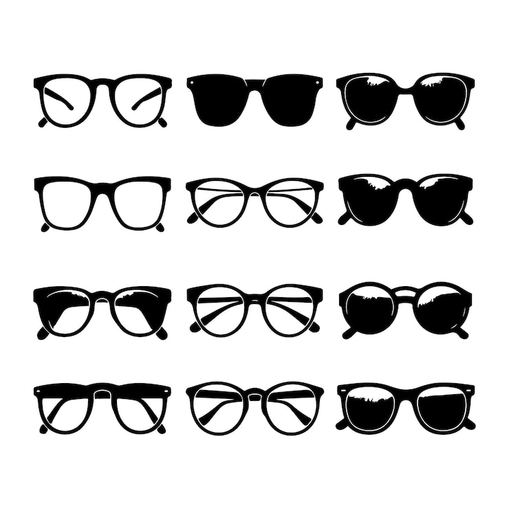 Vector black silhouettes of different eyeglasses on a white background
