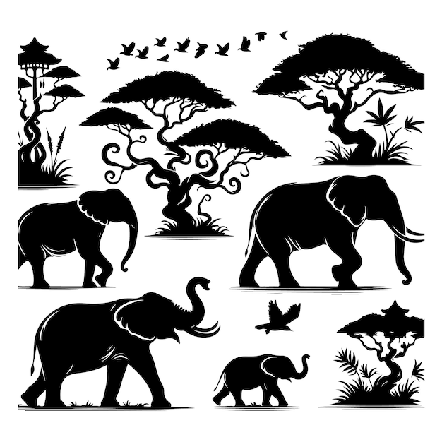 Vector black silhouettes of elephants on a white background
