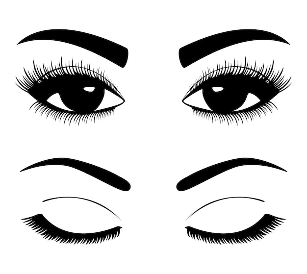 Vector black silhouettes of eyebrows and eyes isolated on white