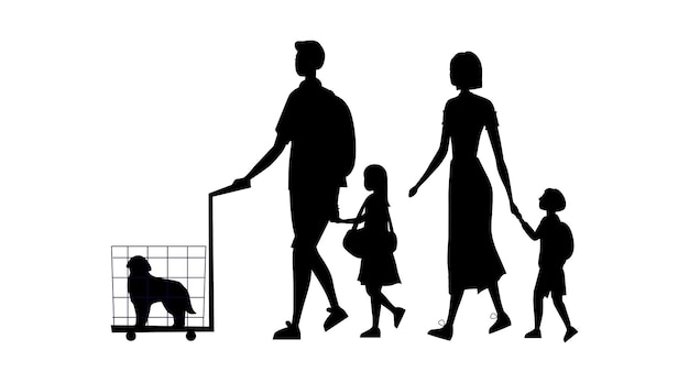 Vector black silhouettes of family with laggage, dog in the cage and handbag isolated on the white background.