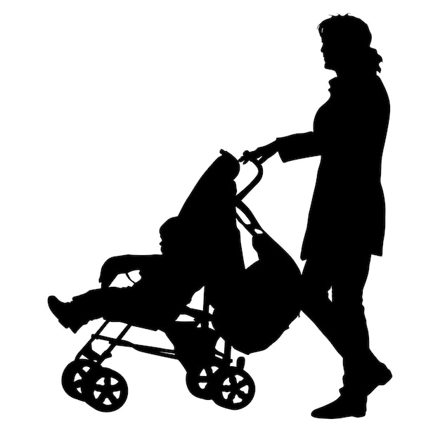 Black silhouettes Family with pram on white background Vector illustration