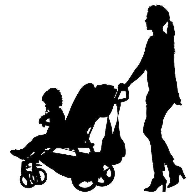 Black silhouettes Family with pram on white background Vector illustration