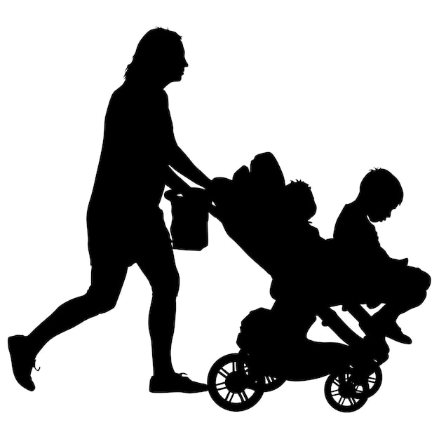 Black silhouettes Family with pram on white background Vector illustration