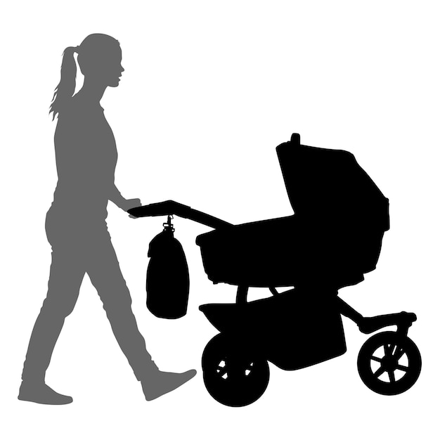 Black silhouettes Family with pram on white background Vector illustration