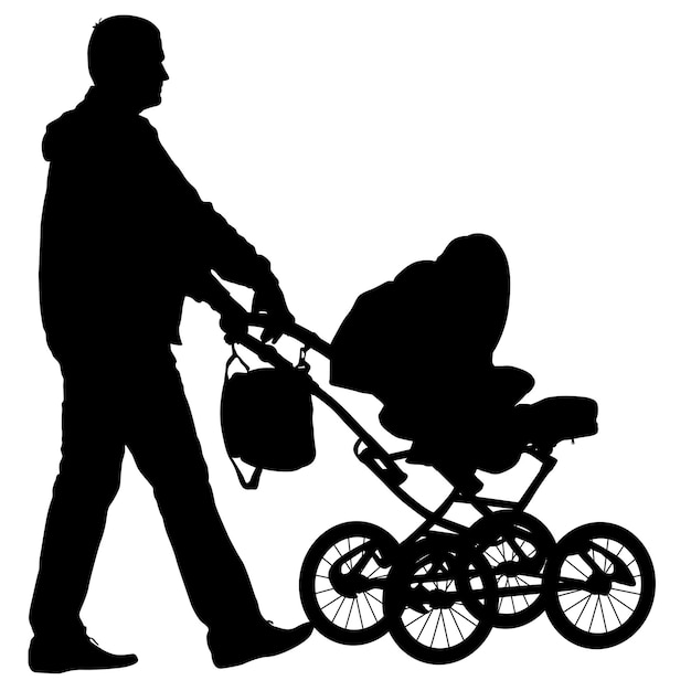 Black silhouettes father with pram on white background Vector illustration
