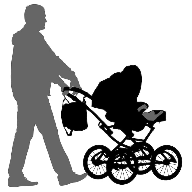 Vector black silhouettes father with pram on white background vector illustration