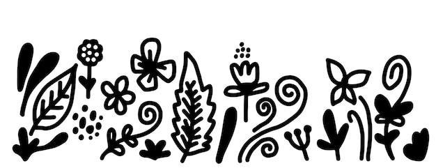 Black silhouettes of grass flowers and herbs isolated on white background Hand drawn sketch flowers