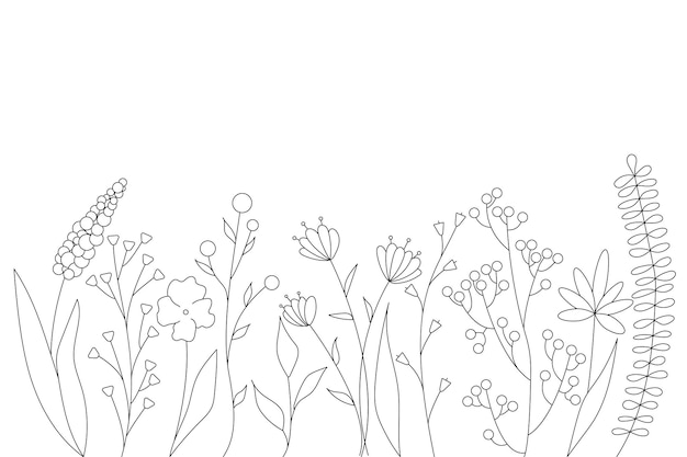 잔디, 꽃, 허브의 검은 실루엣. 최소한의 간단한 꽃 요소. 보태니컬 내츄럴. 그래픽 스케치. 손으로 그린 꽃. 소셜 미디어를 위한 디자인. 개요, 선, 낙서 스타일.