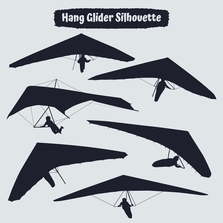 Vector black silhouettes hang glider or parachute skydiving