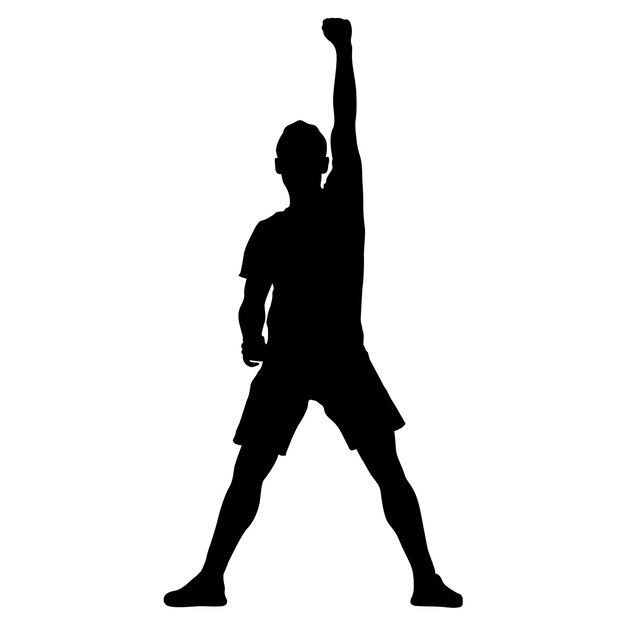 Black silhouettes man with arm raised on a white background