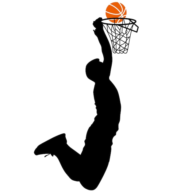白い背景がある上でバスケットボールをしている男性の黒いシルエット