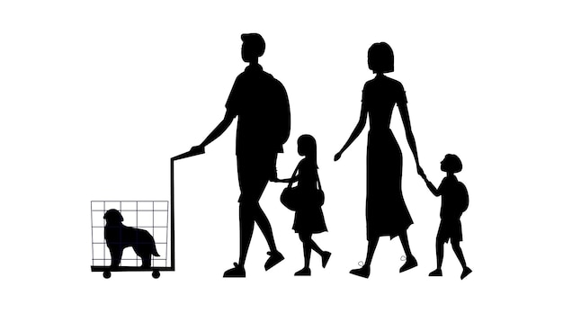 Laggage, 케이지에 개와 핸드백 흰색 배경에 고립 된 가족의 검은 실루엣.