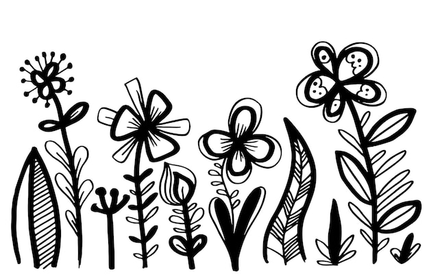 잔디, 꽃, 허브 흰색 배경에 고립의 검은 실루엣.