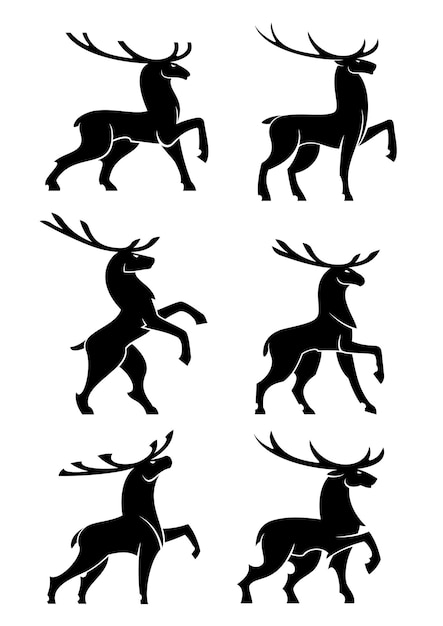 Вектор Черные силуэты диких лесных лосей или оленей с большими ветвистыми рогами позируют во время гона. использование талисмана дикой природы, символа охоты или принта футболки