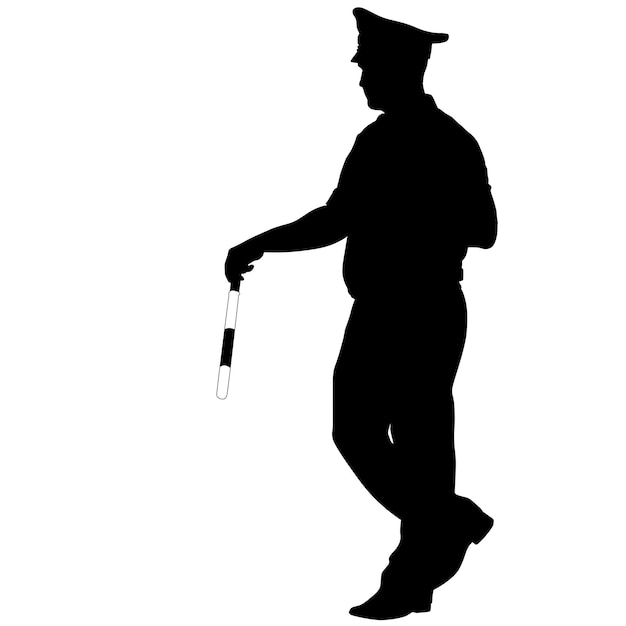 Vector black silhouettes of police officer with a rod on white background