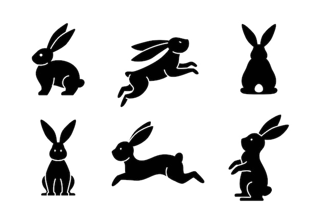 Black silhouettes of rabbits and hares on a white background