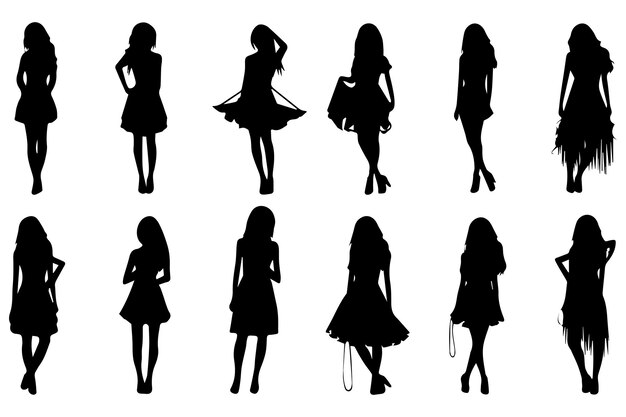 Vector black silhouettes set of girls on white background vector illustration