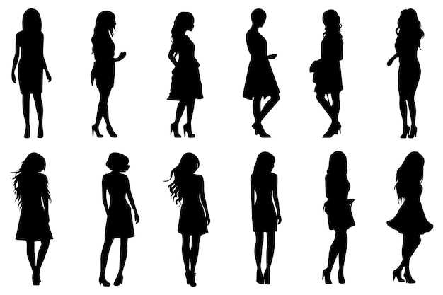 Vector black silhouettes set of girls on white background vector illustration
