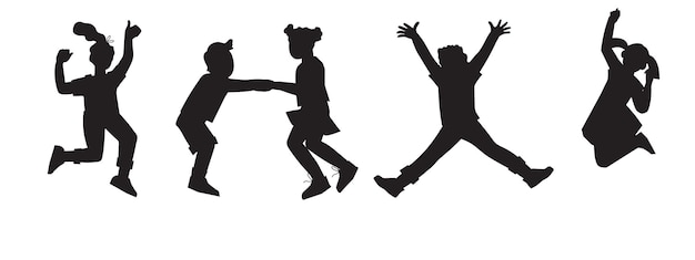 Black silhouettes set of jumping up children boys and girls vector isolated