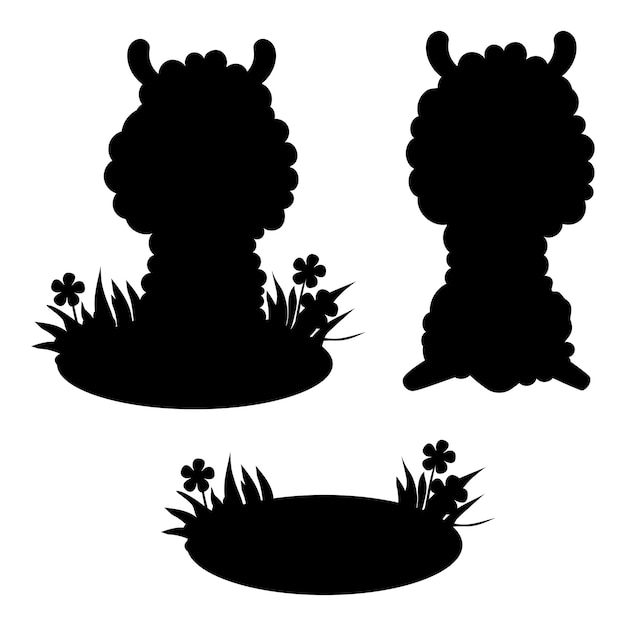 Vector black silhouettes sheep in grass with flowers isolated hand drawing of farm animal and glade