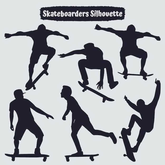 Vettore collezione di sagome nere di skateboarder