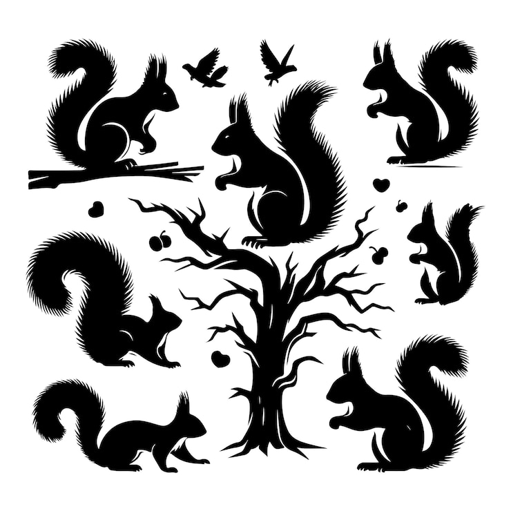 Vector black silhouettes of squirrels on a white background