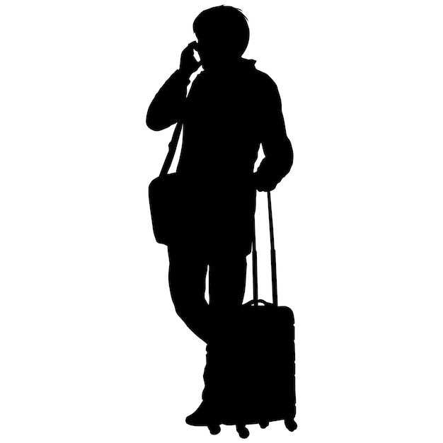 Black silhouettes travelers with suitcases on white background