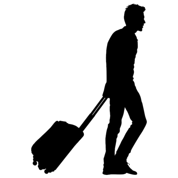 Black silhouettes travelers with suitcases on white background