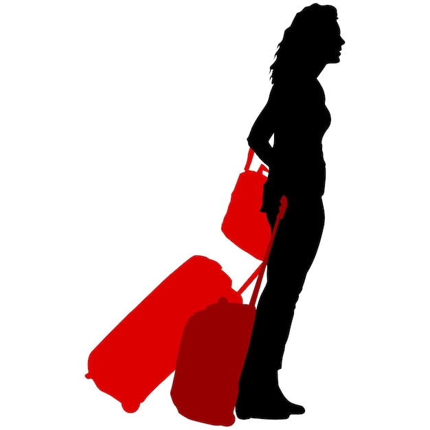 Black silhouettes travelers with suitcases on white background