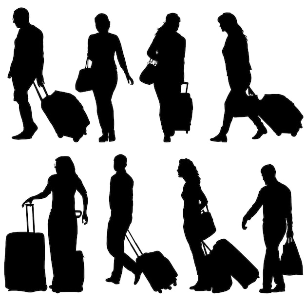 Black silhouettes travelers with suitcases on white background