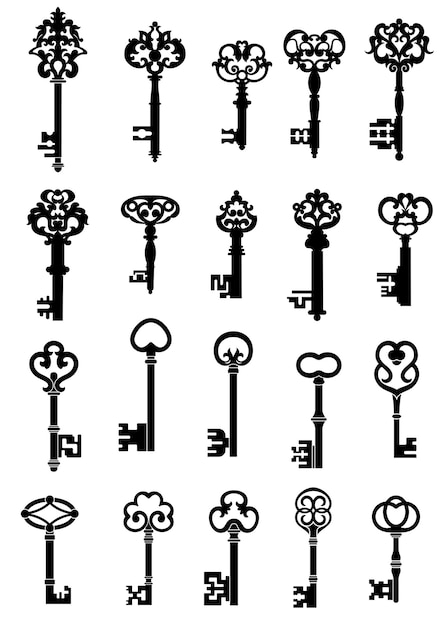 Черные силуэты старинных ключей с замысловатыми битами и декоративными бантами