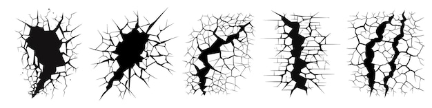 Vector black silhouettes of wall crack fissures top view surface damage abstract design elements