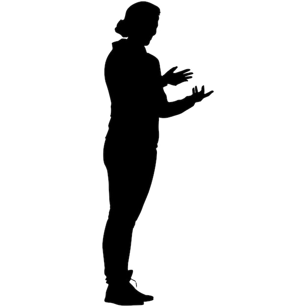 Black silhouettes woman with arm raised on a white background