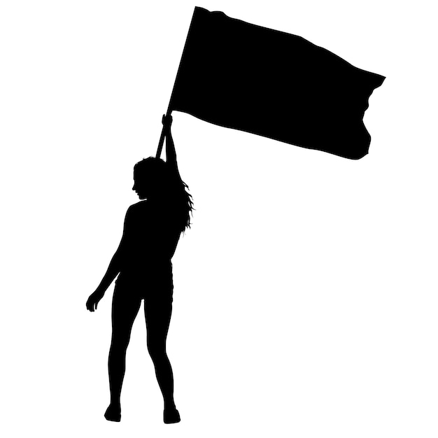 Black silhouettes of woman with flag on white background