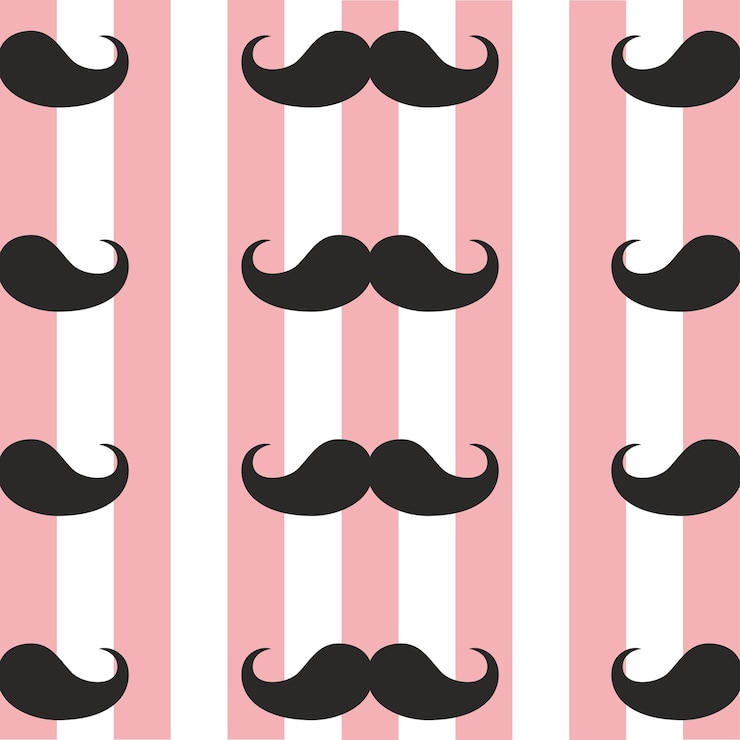 Vector black silhoutte mustache seamless pattern over white and pink vertical stripe lines background