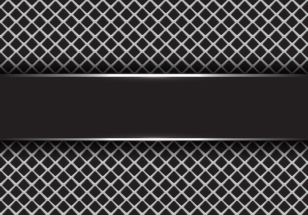 Black silver banner on grey square mesh background.