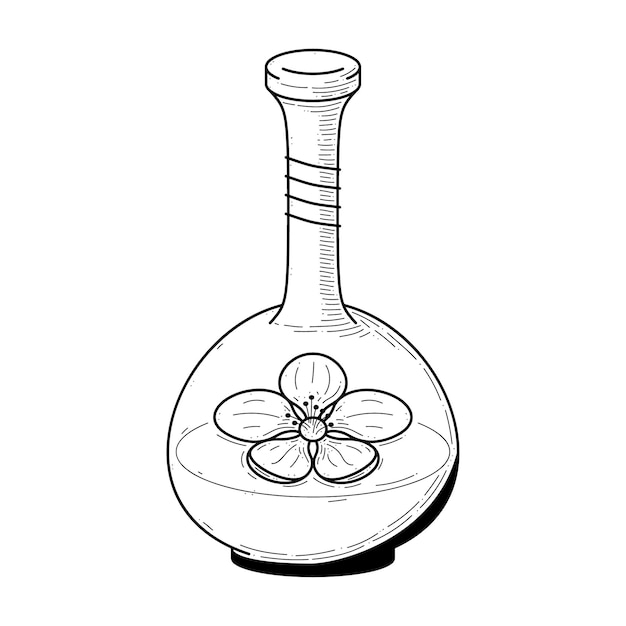 Black Simple Line Glass Flask Doodle Outline Potion Drink Elixir Liquid With Ribbons Element Vector