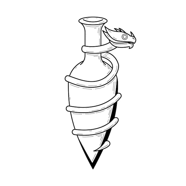 Black Simple Line Glass Flask Doodle Outline Potion Drink Elixir Liquid With Ribbons Element Vector