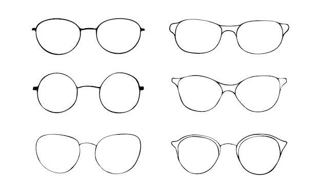 黒のスケッチファッション眼鏡アイコンセット。ベクトル落書き漫画イラスト。レトロな眼鏡のアイコンをフレームします。手描き落書き眼鏡