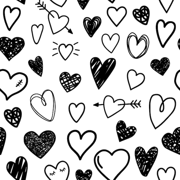 Black sketch hearts seamless pattern