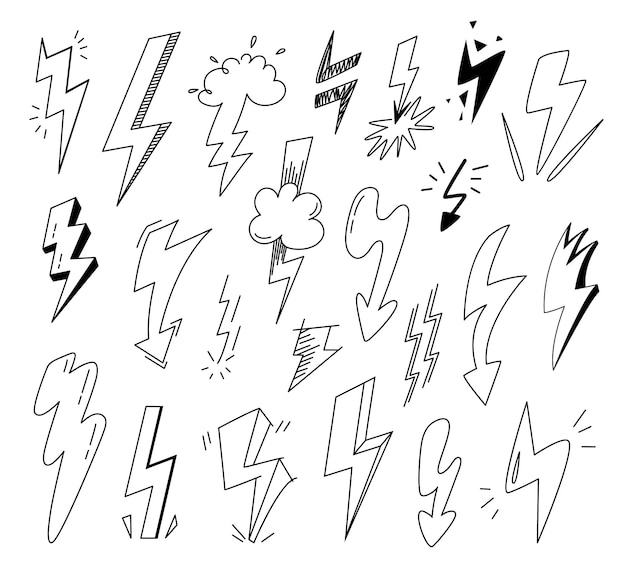 Коллекция черных эскизов молний Doodle flash Thunder каракули молнии с эффектом гранжа Различные энергетические электрические батареи стильные векторные символы