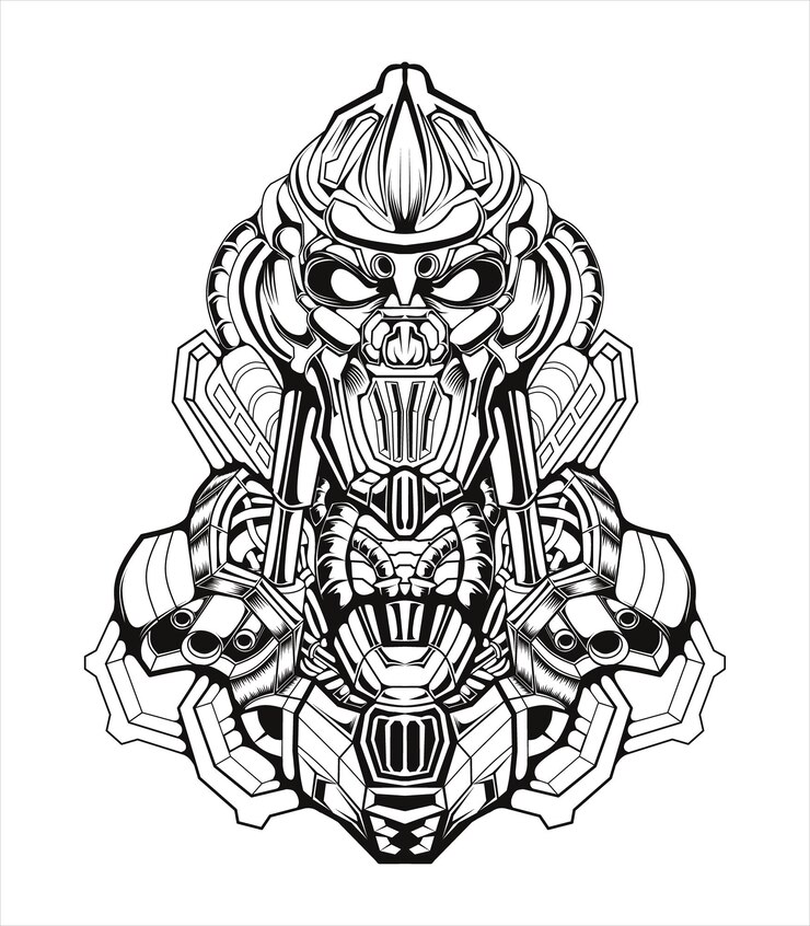 Vector black sketch mecha warrior robot illustration