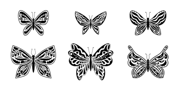 Black sketches of butterflies tattoo art stickers y2k aesthetic elegant silhouettes of butterflies in the trendy retro style of the 2000s