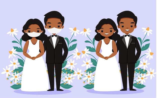 Black skin couple in wedding dress with face mask and without face mask cartoon